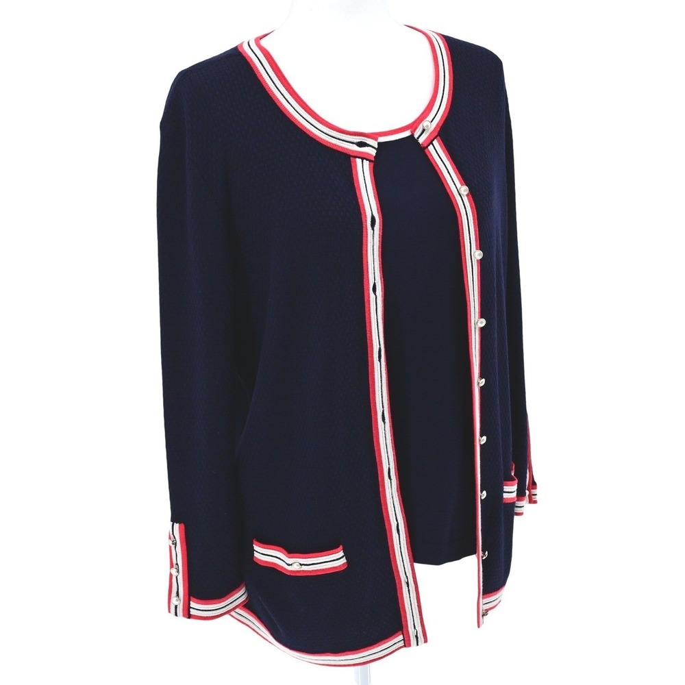 Talbots Preppy Navy Blue Red White Striped Trim Cardigan Shell Twin Set Luxe - Picture 8 of 16